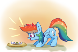 Size: 1280x853 | Tagged: safe, artist:heir-of-rick, imported from derpibooru, rainbow dash, pegasus, pony, tortoise, cute, dashabetes, egg, female, happy, nest, open mouth, smiling, solo