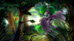 Size: 1920x1080 | Tagged: safe, artist:discordthege, imported from derpibooru, oc, oc only, oc:jade meadow, bird, pegasus, pony, commission, everfree forest, female, mare, rain, scenery, smiling, solo, tree