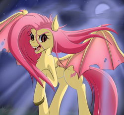 Size: 4587x4270 | Tagged: safe, artist:l-pastellepink-l, imported from derpibooru, fluttershy, bat pony, pony, absurd resolution, fangs, female, flutterbat, open mouth, race swap, red eyes, solo