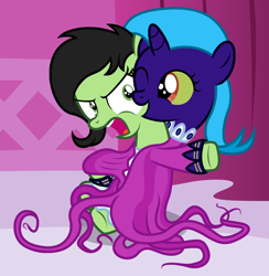 Size: 1970x2016 | Tagged: safe, artist:badumsquish, derpibooru exclusive, imported from derpibooru, oc, oc only, oc:anon, oc:filly anon, oc:glad rags, clothes pony, hybrid, original species, pony, angry, crossdressing, dressup, female, filly, grin, half-pony, living clothes, non-consensual cuddling, non-consensual wearing, offspring, parent:nightmare dress monster, parent:rarity, smiling, struggling, teasing, this will end in fashion, yelling, yellow sclera