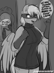 Size: 1200x1600 | Tagged: safe, artist:jcosneverexisted, imported from derpibooru, derpy hooves, sunshower raindrops, anthro, backless, clothes, dialogue, doodle, female, open-back sweater, patreon, sleeveless sweater, superhero, sweater, virgin killer sweater