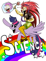 Size: 684x916 | Tagged: safe, artist:jabberwockychamber, imported from derpibooru, twilight sparkle, alicorn, pony, crossover, dr. mary lou larue, horton hears a who, humans riding ponies, rainbow, riding, science, tenchi muyo, that pony sure does love science, twilight sparkle (alicorn), washu hakubi