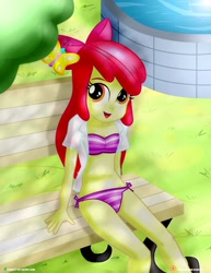 Size: 1500x1942 | Tagged: safe, alternate version, artist:dieart77, imported from derpibooru, apple bloom, butterfly, equestria girls, belly button, bikini, bow, clothes, cute, female, fountain, hair bow, looking at you, multiple variants, needs more jpeg, open clothes, open mouth, side-tie bikini, smiling, solo, swimsuit