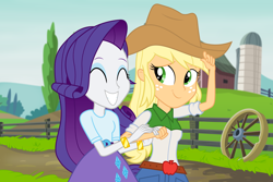 Size: 6000x4000 | Tagged: safe, artist:mohawgo, artist:spottedlions, imported from derpibooru, applejack, rarity, equestria girls, ^^, absurd resolution, apple, barn, bracelet, clothes, cowboy hat, cute, denim skirt, eyes closed, female, fence, freckles, happy, hat, lesbian, raribetes, rarijack, scenery, shipping, silo, skirt, stetson, wheel