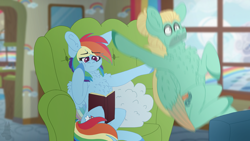 Size: 2560x1440 | Tagged: safe, artist:eleamorbid, artist:moonhowlerel, imported from derpibooru, rainbow dash, zephyr breeze, pony, flutter brutter, book, chest fluff, cloud, couch, denied, motion blur, scene interpretation