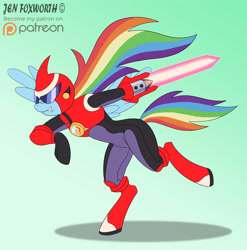 Size: 3461x3500 | Tagged: safe, artist:foxbeast, imported from derpibooru, rainbow dash, anthro, unguligrade anthro, arm hooves, crossover, cyber sword, female, gradient background, mega man (series), megaman, megaman battle network, patreon, patreon logo, protoman.exe, solo