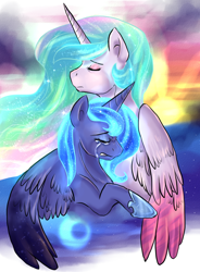 Size: 852x1158 | Tagged: safe, artist:not-ordinary-pony, imported from derpibooru, princess celestia, princess luna, alicorn, pony, crying, duo, female, forgiveness, glowing mane, hug, mare, missing accessory, royal sisters, sad, sisters