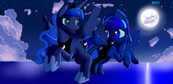 Size: 2366x1150 | Tagged: safe, artist:skyart301, artist:skyline19, imported from derpibooru, princess luna, oc, oc:seaside, alicorn, pegasus, pony, cloud, duo, female, flying, full moon, looking at each other, mare, moon, night, smiling, water