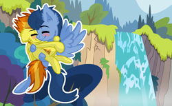 Size: 1280x791 | Tagged: safe, artist:sapphireartemis, imported from derpibooru, spitfire, wave chill, pony, base used, blushing, carrying, hug, shipping, waterfall, wavefire