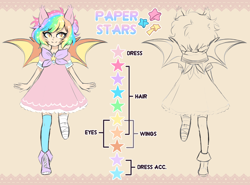 Size: 5412x4012 | Tagged: safe, artist:hawthornss, imported from derpibooru, oc, oc only, oc:paper stars, bat pony, human, absurd resolution, amputee, bandage, bow, clothes, cute little fangs, ear fluff, fangs, humanized, humanized oc, looking at you, missing limb, reference sheet, smiling, socks, text, thigh highs