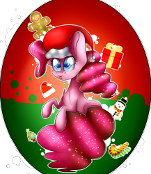 Size: 2203x2539 | Tagged: safe, artist:mandy-sunshine, imported from derpibooru, pinkie pie, pony, candy, candy cane, christmas, christmas tree, female, food, gingerbread man, high res, present, snowman, solo, tree