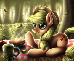 Size: 1024x843 | Tagged: safe, artist:hoodiefoxy, imported from derpibooru, applejack, earth pony, pony, apple, cider, female, food, pie, prone, solo