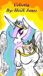 Size: 640x1136 | Tagged: safe, artist:theuniversaldoctor, imported from derpibooru, princess celestia, anthro, blushing, clothes, crown, dress, jewelry, looking at you, necklace, regalia