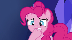 Size: 1280x720 | Tagged: safe, imported from derpibooru, screencap, pinkie pie, pony, the one where pinkie pie knows, biting, hoof biting, sweat, sweatdrop