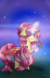 Size: 600x926 | Tagged: safe, artist:shinning-staryt, imported from derpibooru, oc, oc only, oc:rosebud, alicorn, pony, alicorn oc, colored wings, female, floral head wreath, flower, long mane, magic, mare, night, one eye closed, rose, solo