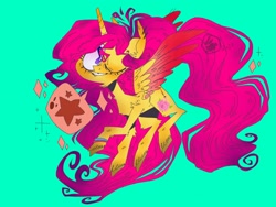 Size: 2048x1536 | Tagged: safe, artist:terrifyinglagomorpha, imported from derpibooru, oc, oc only, oc:rosebud, alicorn, pony, alicorn oc, colored wings, colorful, female, mare, one eye closed, simple background, spread wings, stars, wings, wink