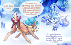 Size: 2000x1283 | Tagged: safe, artist:vavacung, imported from derpibooru, velvet reindeer, oc, oc:crystal heart, alicorn, deer, pony, reindeer, them's fightin' herds, alicorn oc, bow, butt, crown, deer magic, dialogue, duo, female, fight, glowing horn, ice, jewelry, lidded eyes, magic, mare, plot, rear view, regalia, serious, serious face, snow, speech bubble, tail bow, velvet (tfh)