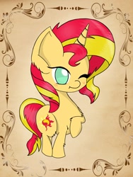 Size: 1224x1632 | Tagged: safe, artist:queen-meli, imported from derpibooru, sunset shimmer, unicorn, blushing, chest fluff, chibi, female, one eye closed, raised hoof, solo, wink