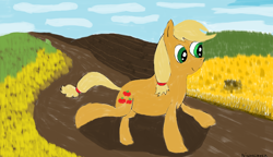 Size: 1666x962 | Tagged: safe, artist:amateur-draw, imported from derpibooru, applejack, earth pony, pony, field, missing accessory, ms paint, scenery