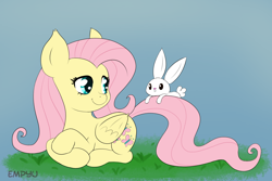 Size: 1000x667 | Tagged: safe, artist:empyu, imported from derpibooru, angel bunny, fluttershy, pegasus, pony, rabbit, cute, duo, female, folded wings, looking at each other, looking back, mare, shyabetes, simple background, smiling