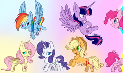 Size: 1600x949 | Tagged: safe, artist:mysteryart716, artist:mysteryponyfan, imported from derpibooru, applejack, fluttershy, pinkie pie, rainbow dash, rarity, twilight sparkle, alicorn, pony, chest fluff, flying, fourth wall, grin, mane six, rearing, smiling, twilight sparkle (alicorn)