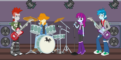 Size: 1539x769 | Tagged: safe, artist:tantastirke, imported from derpibooru, crimson napalm, mystery mint, thunderbass, valhallen, equestria girls, rainbow rocks, background human, boots, bracelet, clothes, cymbals, drum kit, drums, drumsticks, ear piercing, earring, electric guitar, guitar, high heel boots, jacket, jewelry, microphone, musical instrument, necktie, pants, piercing, scarf, shoes, skull, sneakers, thunderstruck (band)