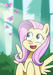 Size: 1093x1546 | Tagged: safe, artist:sketchzi, imported from derpibooru, fluttershy, butterfly, pegasus, pony, bust, crepuscular rays, female, forest, looking at something, looking up, open mouth, portrait, rearing, smiling, so many wonders, solo, spread wings, wings