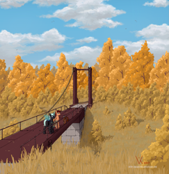 Size: 1555x1598 | Tagged: safe, artist:eriada, imported from derpibooru, oc, oc only, changeling, pegasus, pony, bridge, drawing, duo, forest, looking away, scenery