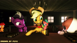 Size: 3856x2169 | Tagged: safe, artist:firesparky, imported from derpibooru, applejack, oc, oc:firebot, oc:red apple, pony, 3d, alcohol, bottle, high res