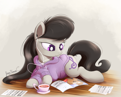 Size: 2250x1800 | Tagged: safe, artist:bugplayer, imported from derpibooru, octavia melody, earth pony, pony, clothes, colored pupils, crossed hooves, cup, earbuds, female, food, hoodie, magazine, mare, paper, prone, reading, solo, sweater, tea, teacup