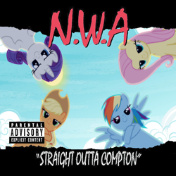 Size: 654x654 | Tagged: safe, edit, imported from derpibooru, applejack, fluttershy, rainbow dash, rarity, album, fresh princess of friendship, nwa, parental advisory, straight outta compton