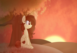 Size: 916x636 | Tagged: safe, artist:rozzertrask, imported from derpibooru, oc, oc only, oc:chocolate truffle, pegasus, pony, female, folded wings, looking away, mare, profile, sitting, smiling, solo, sunset, tree, under the tree