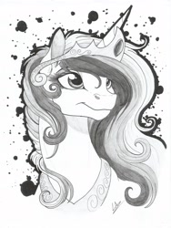 Size: 2483x3299 | Tagged: safe, artist:lupiarts, imported from derpibooru, princess celestia, alicorn, pony, bust, female, grayscale, mare, monochrome, portrait, solo, traditional art