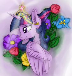 Size: 3680x3920 | Tagged: safe, artist:check3256, imported from derpibooru, twilight sparkle, alicorn, pony, big crown thingy, bust, element of magic, female, flower, jewelry, portrait, profile, regalia, smiling, solo, twilight sparkle (alicorn)