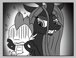 Size: 1028x786 | Tagged: safe, artist:loreto-arts, edit, imported from derpibooru, queen chrysalis, spike, changeling, dragon, comic:friendship is innuendo, aura, cheek pinch, comic, monochrome, sweat, this will end in tears and/or death