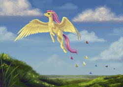 Size: 3508x2480 | Tagged: safe, artist:kirillk, imported from derpibooru, fluttershy, butterfly, pegasus, pony, female, flying, mare, meadow, realistic horse legs, scenery, sky, solo, spread wings, wings