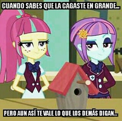 Size: 320x317 | Tagged: safe, imported from derpibooru, sour sweet, sunny flare, acadeca, equestria girls, bird house, bowtie, clothes, crystal prep academy uniform, freckles, hands behind back, meme, school uniform, spanish, translated in the comments, translated in the description