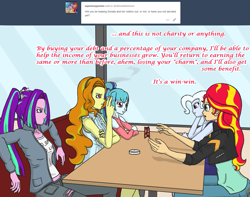 Size: 1361x1075 | Tagged: safe, artist:deltalima, imported from derpibooru, adagio dazzle, aria blaze, sonata dusk, sunset shimmer, trixie, equestria girls, cigarette, clothes, dialogue, restaurant, smoking, the dazzlings