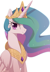 Size: 1192x1718 | Tagged: dead source, safe, artist:verawitch, deleted from derpibooru, imported from derpibooru, princess celestia, alicorn, pony, crown, female, jewelry, looking at you, mare, multicolored hair, praise the sun, regalia, simple background, smiling, white background