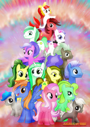 Size: 1600x2263 | Tagged: safe, artist:jucamovi1992, imported from derpibooru, oc, oc only, oc:deep sea, oc:elegant star, oc:marine foam, oc:red scarlet, oc:sea dew, earth pony, merpony, pegasus, pony, unicorn, female, looking at you, male, mare, open mouth, pile, smiling, stallion