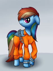 Size: 768x1024 | Tagged: safe, artist:globug100art, imported from derpibooru, rainbow dash, bound wings, chains, clothes, cuffed, cuffs, female, frustrated, handcuffed, jail, prison, prison outfit, prisoner rd, shackles, solo