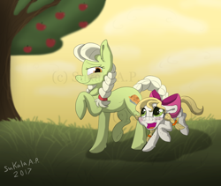 Size: 968x817 | Tagged: safe, artist:sukalaap, imported from derpibooru, granny smith, oc, oc:honeycrisp, earth pony, pony, applejack's mom, duo, female, mare, offspring, parent:granny smith, watermark, young granny smith