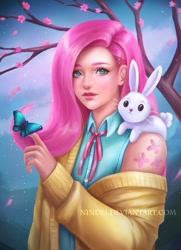 Size: 741x1024 | Tagged: safe, artist:nindei, imported from derpibooru, angel bunny, fluttershy, butterfly, human, alternative cutie mark placement, clothes, female, flower, hairclip, humanized, jacket, solo, tree