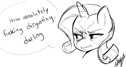 Size: 887x472 | Tagged: safe, artist:starykrow, imported from derpibooru, rarity, pony, unicorn, angry, female, gritted teeth, monochrome, sketch, solo, speech bubble, vulgar