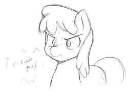 Size: 1133x823 | Tagged: safe, artist:starykrow, imported from derpibooru, cherry berry, pony, angry, female, fuck you, monochrome, scrunchy face, sketch, solo, sweat, sweatdrop, vulgar