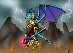 Size: 1699x1223 | Tagged: safe, artist:takutanuvataio, imported from derpibooru, princess ember, dragon, gauntlet of fire, armor, bloodstone scepter, dragon lord ember, female, flying, solo