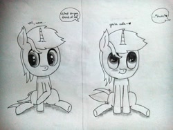 Size: 4160x3120 | Tagged: dead source, safe, artist:kimjoman, artist:php142, imported from derpibooru, oc, oc only, oc:purple flix, absurd resolution, blushing, chibi, looking up, male, monochrome, rubbing hooves, shy, sitting, smiling, solo, traditional art