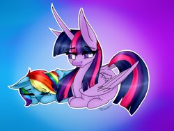 Size: 924x693 | Tagged: safe, artist:saveloveforever, artist:wolfartdudett, imported from derpibooru, rainbow dash, twilight sparkle, alicorn, pony, female, gradient background, lesbian, shipping, sleeping, twidash, twilight sparkle (alicorn)