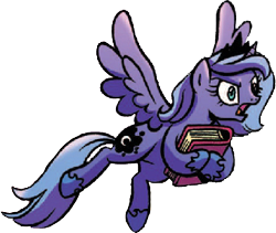 Size: 341x288 | Tagged: safe, artist:brendahickey, edit, idw, imported from derpibooru, princess luna, alicorn, pony, legends of magic, spoiler:comic, spoiler:comiclom1, background removed, book, female, s1 luna, simple background, solo, transparent background, young luna, younger