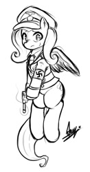 Size: 422x804 | Tagged: safe, artist:starykrow, imported from derpibooru, fluttershy, pony, bottomless, cap, clothes, female, flutternazi, gun, handgun, hat, luger, military uniform, monochrome, nazi, necktie, partial nudity, pistol, shirt, solo, swastika, sweat, sweatdrop, uniform, weapon